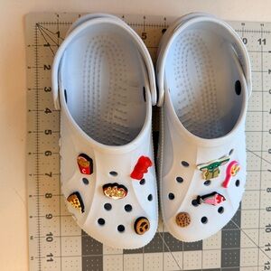 CROCS White Sandals with Colorful Jibbitz Charms (Chic fil A, Starwars, etc)
